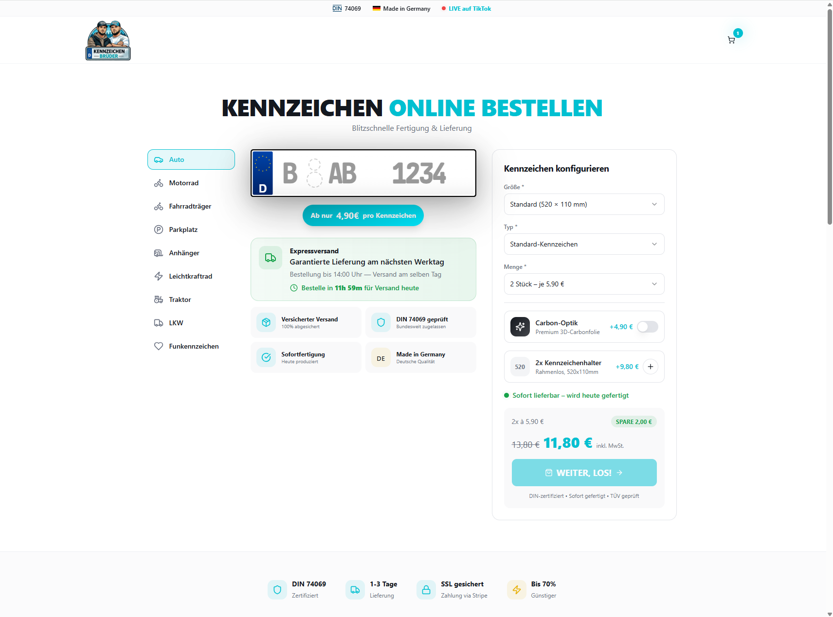 Webdesign-Referenz von VisiBuilt aus Swisttal: kennzeichen-brueder.de – E-Commerce / Online-Shop
