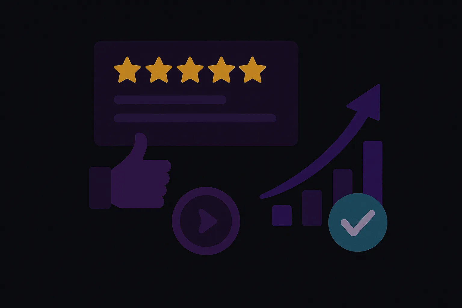 Positive Bewertungen erhöhen Klickrate und Vertrauen - Illustration mit 5 Sternen, Daumen hoch und Wachstumsgrafik